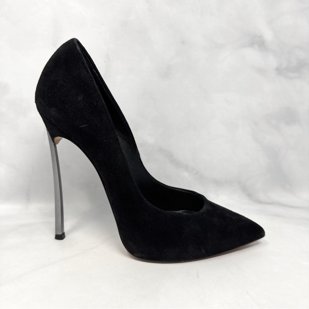 CASADEI Biondini Blade Metal Stiletto Heel Suede Leather Pointed Toe Pumps Black